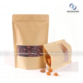 Túi zipper giấy Kraft cửa sổ tràn đáy đứng