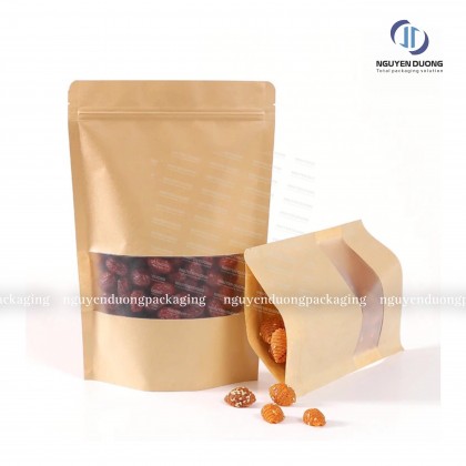 Túi zipper giấy Kraft cửa sổ tràn đáy đứng