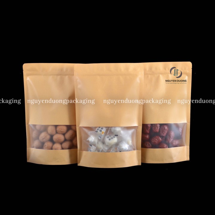 Túi zip 3 biên giấy kraft nâu có cửa sổ