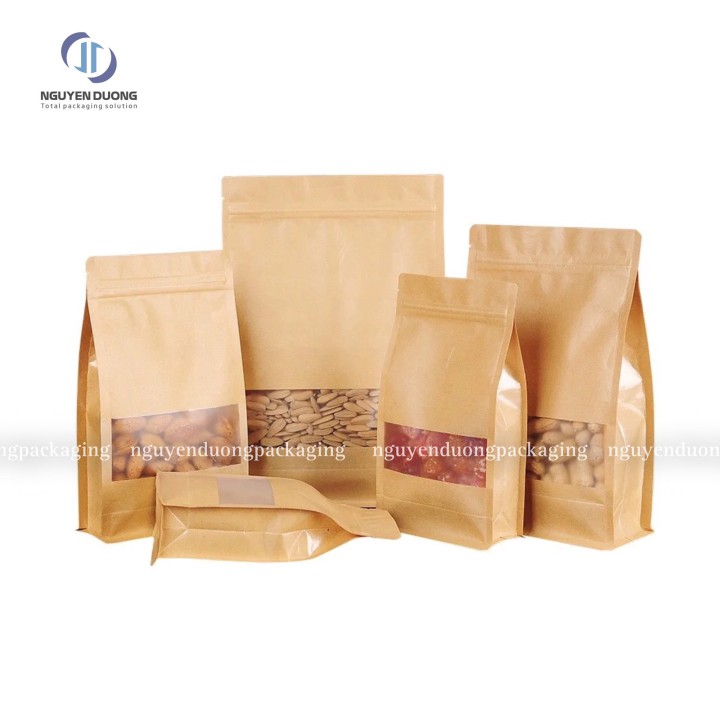 Túi zip giấy kraft nâu 8 biên có cửa sổ