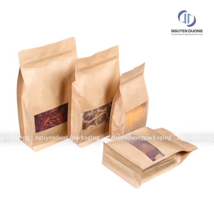 Túi zip giấy kraft nâu 8 biên có cửa sổ